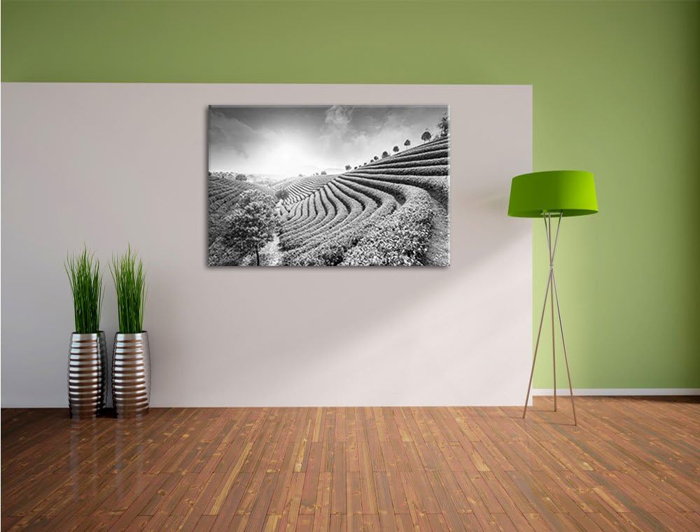 Pixxprint Japanische Treppenfelder Kunst B&W / 100x70cm Leinwandbild bespannt auf Holzrahmen/Wandbil