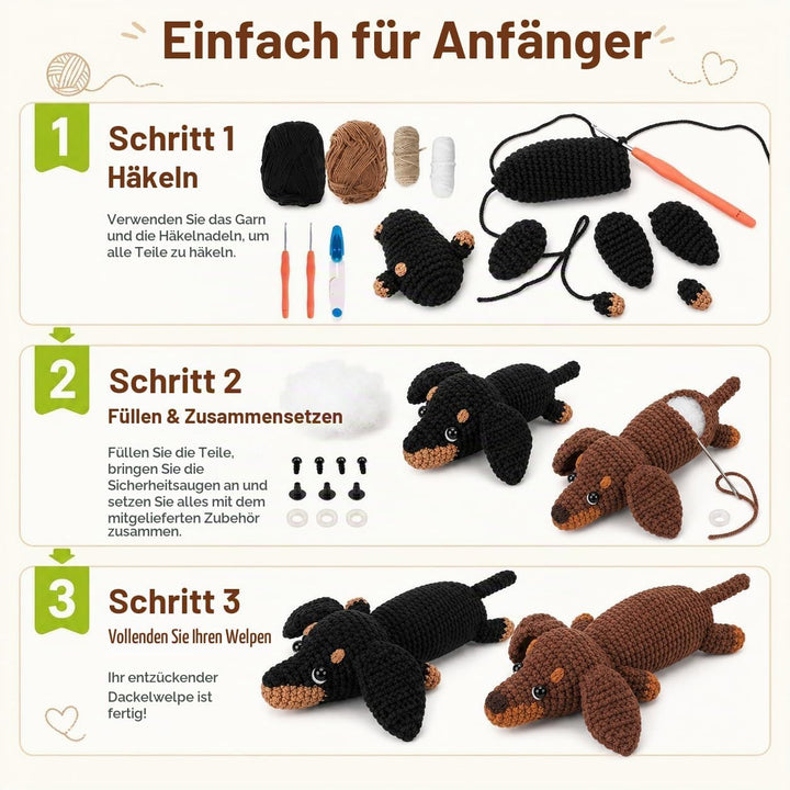 Houkiper Häkelset für Anfänger, Häckel Kit für Anfänger Tiere Häkeln Set Dackel Hund Crochet Set mit