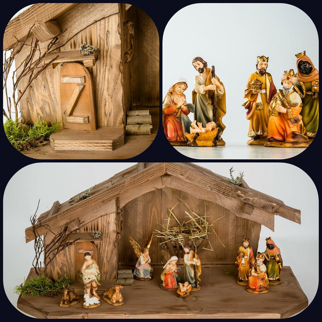Weihnachtskrippe aus Holz-Braun (W08+Figuren) Krippe Krippenstall Weihnachten Weihnachtskrippen Tisc