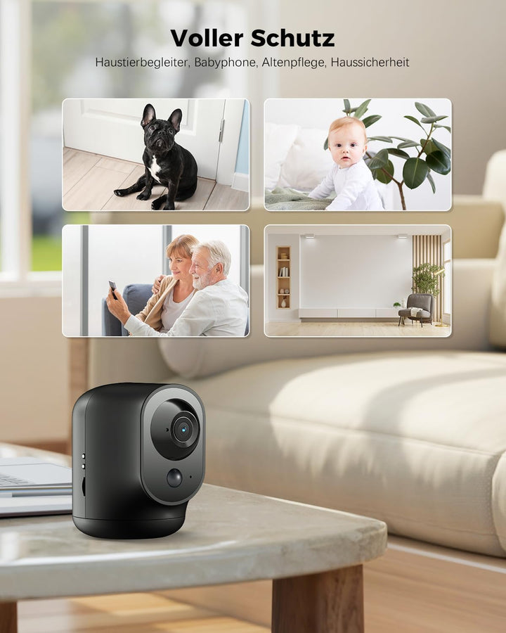COCOCAM 2K Überwachungskamera Innen WLAN mit 5200mAh Akku, kabelloser 355°P 90°T, Baby Monitor Haust