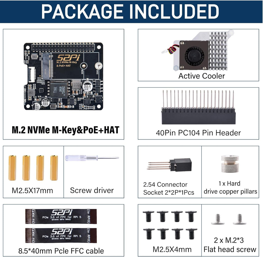 GeeekPi P31 M.2 NVME M-Key PoE+ HAT with Official Active Cooler for Raspberry Pi 5, Support M.2 NVMe