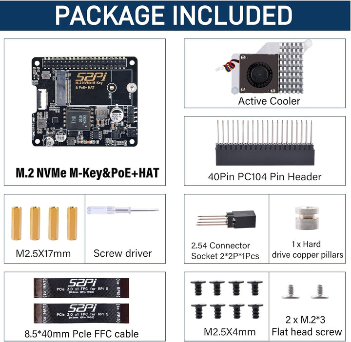 GeeekPi P31 M.2 NVME M-Key PoE+ HAT with Official Active Cooler for Raspberry Pi 5, Support M.2 NVMe