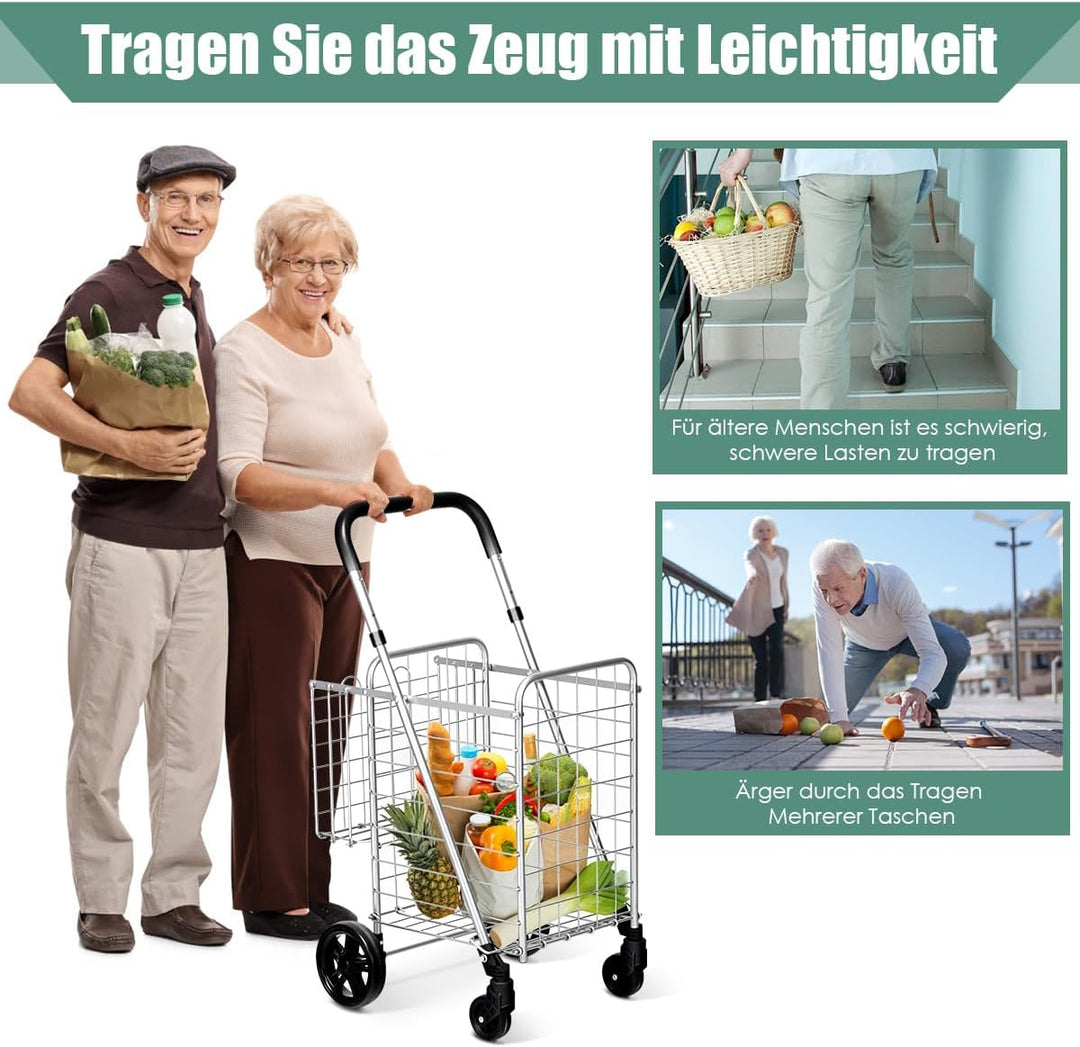 COSTWAY Klappbarer Einkaufstrolley, Einkaufswagen mit Universalrädern & Doppelkorb, 48L+10L, Tragbar