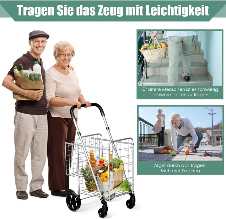 COSTWAY Klappbarer Einkaufstrolley, Einkaufswagen mit Universalrädern & Doppelkorb, 48L+10L, Tragbar