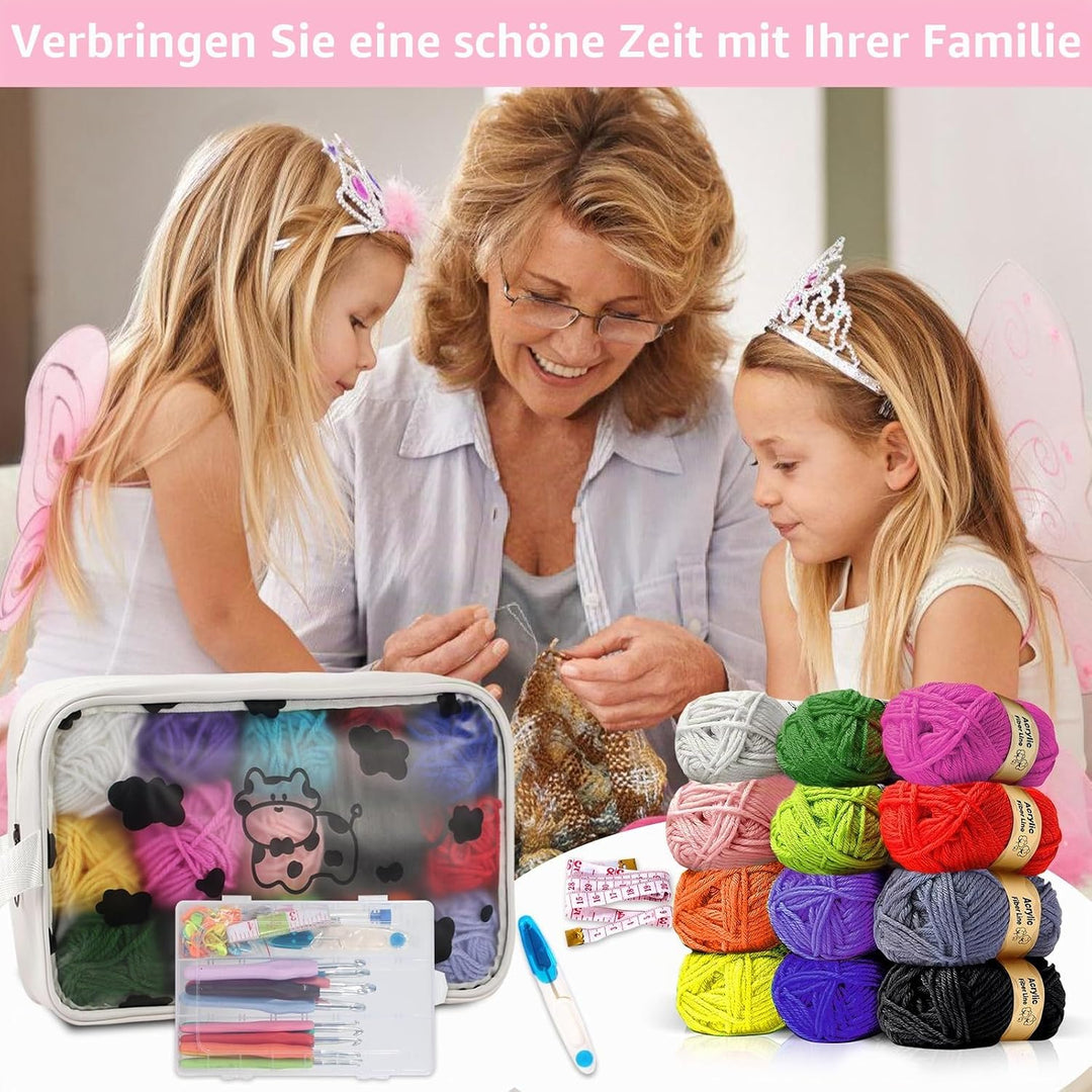 7CDXD Häkelset, Häkelset Set für Anfänger, Strickset enthält 12 Spulen Häkelgarn, 14 Häkelnadeln, 4