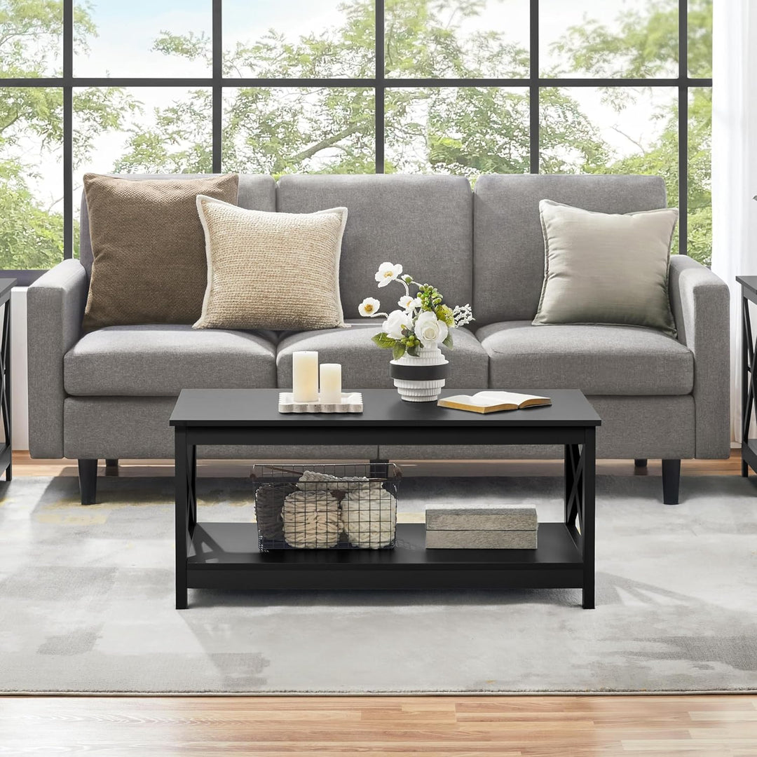 Yaheetech Couchtisch Kaffeetisch mit 2 Ablagen Sofatisch X-Form Stütze Wohnzimmertisch aus Holz Einf