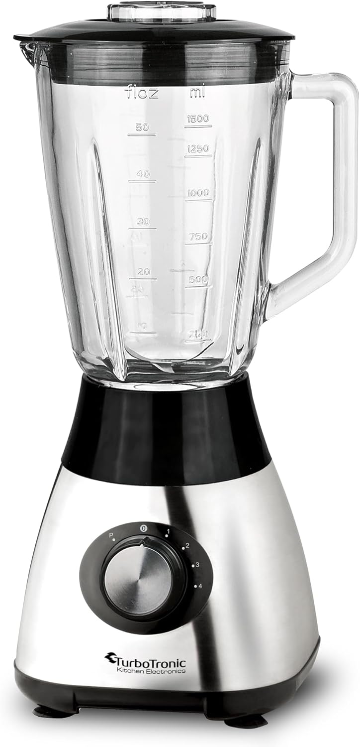 TurboTronic Standmixer mit 1,5L Glasbehälter 1200W Edelstahl silber, Smoothie Maker, Ice Crush Funkt