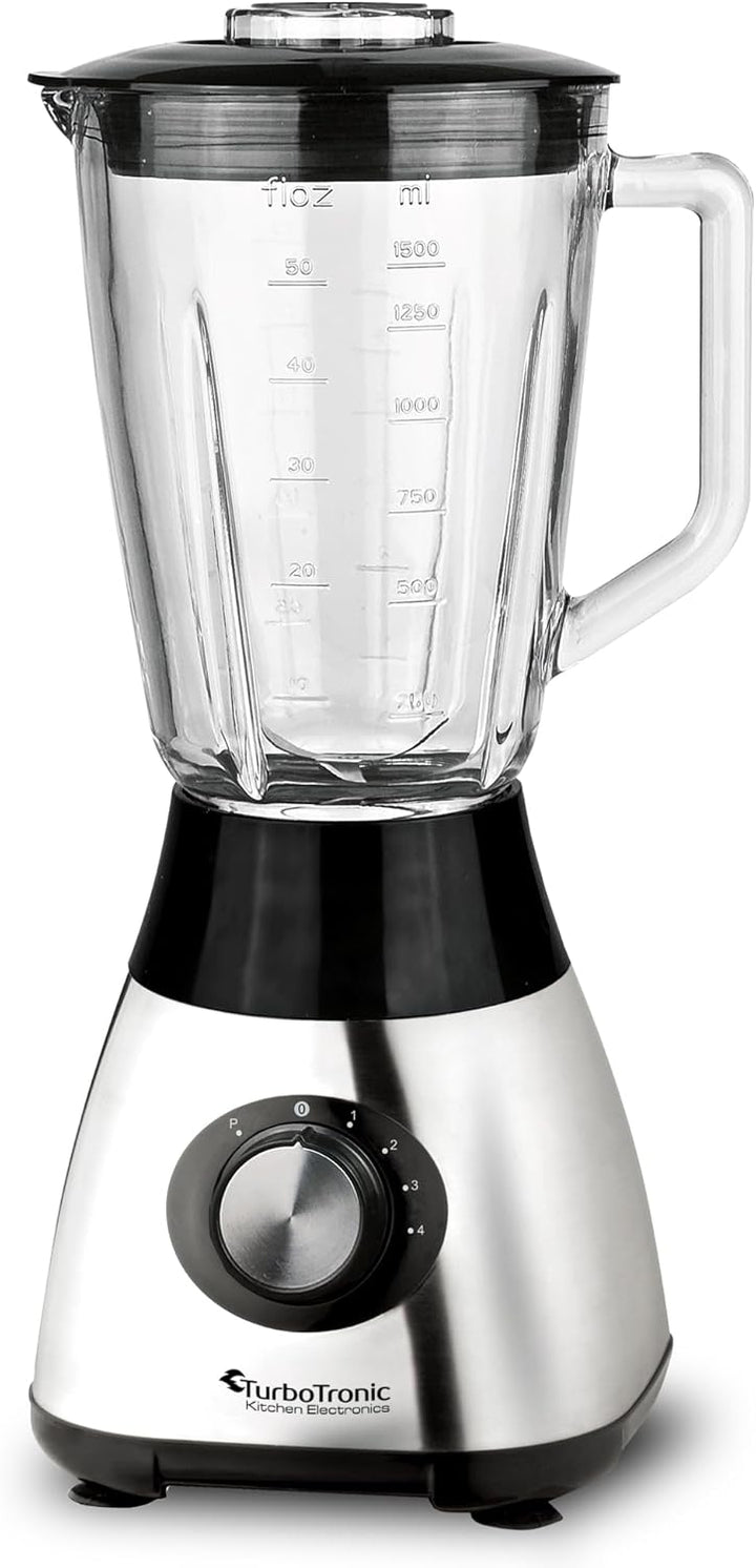 TurboTronic Standmixer mit 1,5L Glasbehälter 1200W Edelstahl silber, Smoothie Maker, Ice Crush Funkt
