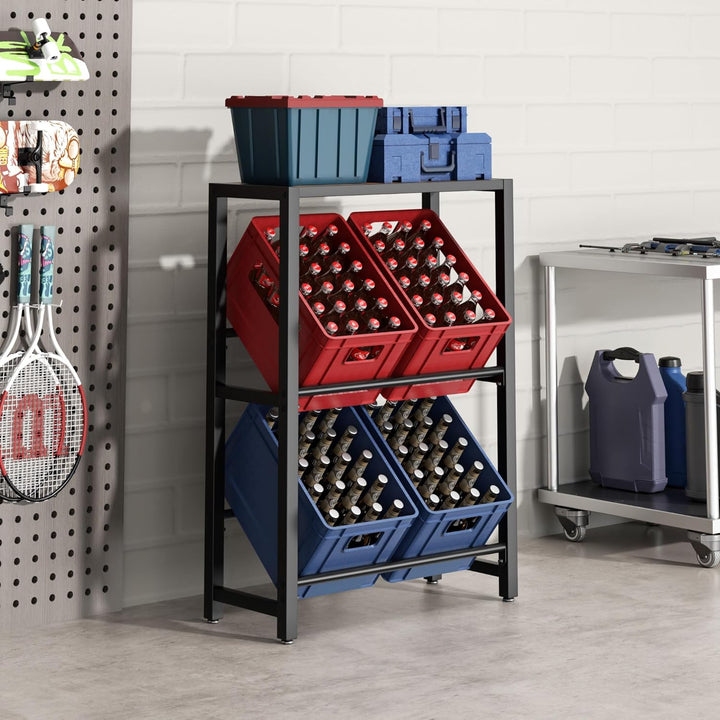 Josmimic Getränkekistenregal mit Ablage für 4 Kästen – Stabiles Metallregal in Schwarz, Platzsparend