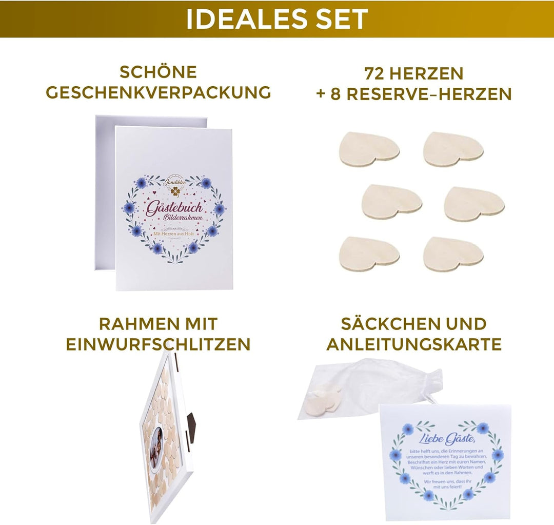 Jandiklee Gästebuch Holzrahmen inkl. Herzen aus Holz für Hochzeit, Taufe, Geburtstag (Fotorahmen run