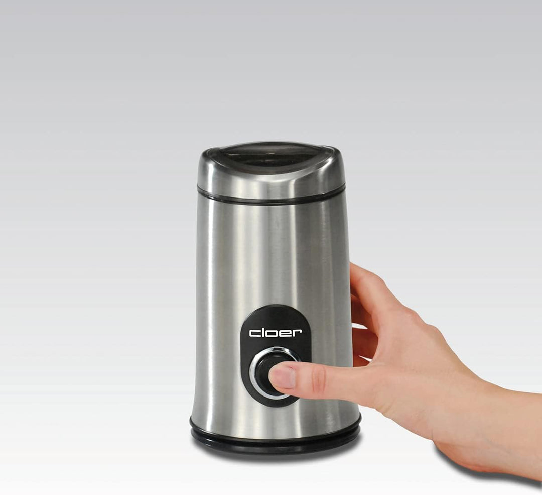Cloer 7579 Elektrische Kaffeemühle, 150 W, für bis zu 50 g Kaffeebohnen, mattiertes Edelstahlgehäuse