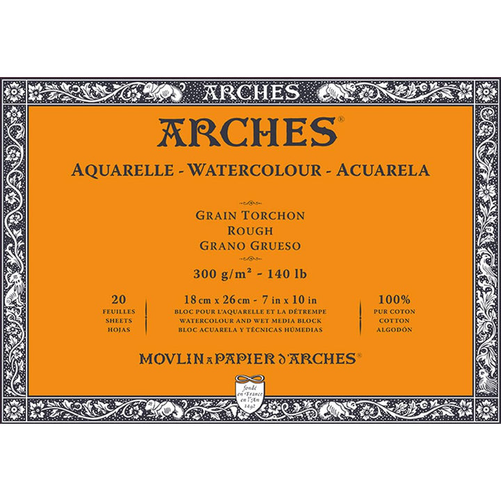 Arches - Aquarellpapierblock, 17,8 x 25,4 cm, 20 Blatt, 300 g/m², rau, säurefrei, weiss.