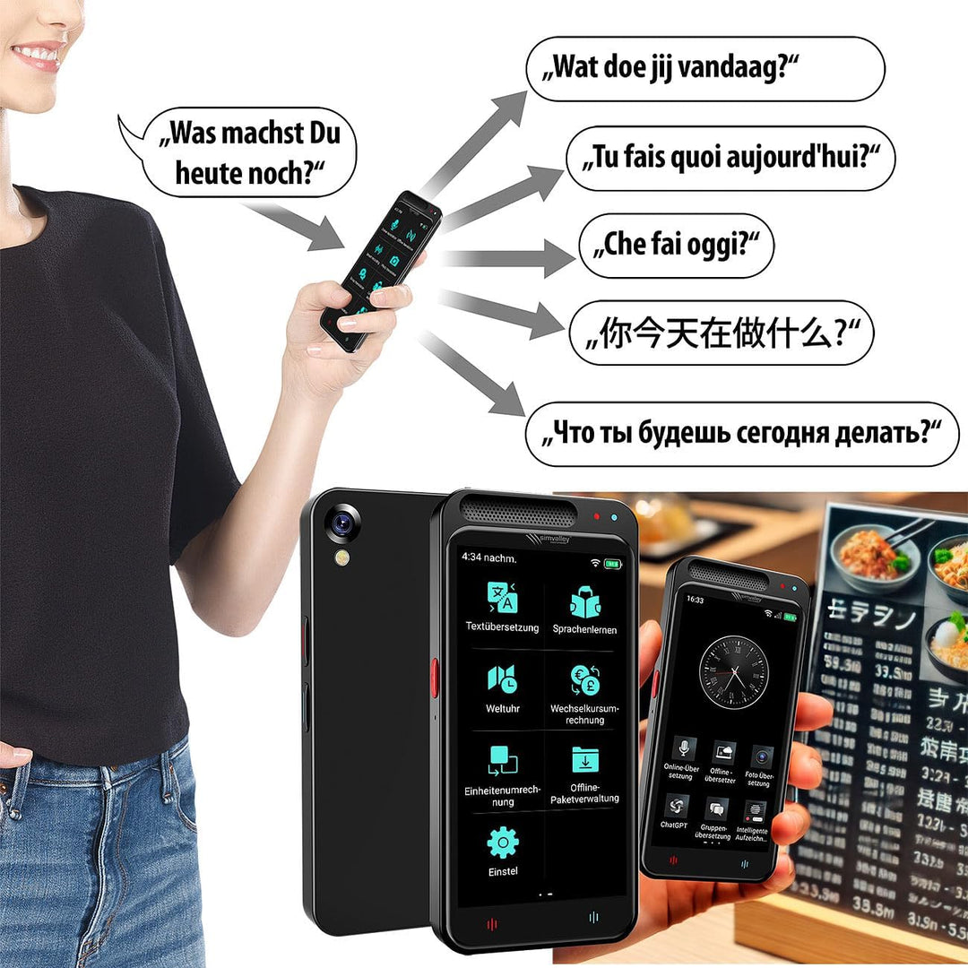 simvalley MOBILE Mobiler Übersetzer: Mobiler KI-Echtzeit-Sprachübersetzer, 139 Sprachen, ChatGPT-Ass