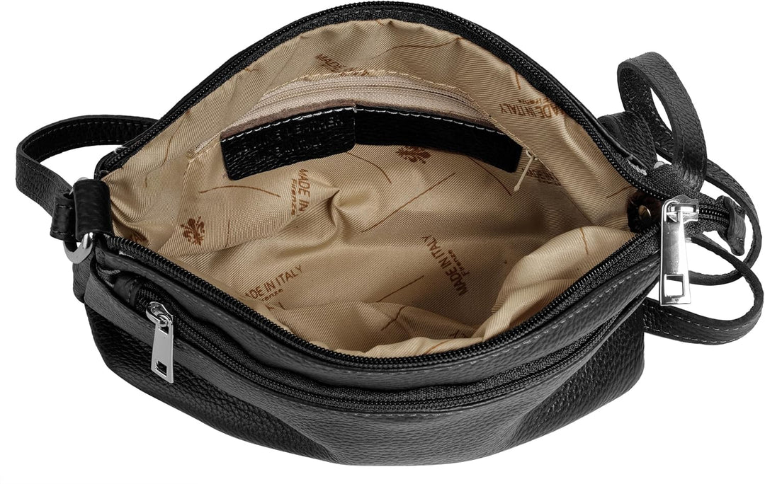 Umhängetasche Echt Leder Damen Made in Italy, Crossbody Bag, Messenger Bag mit Reissverschluss, Schu
