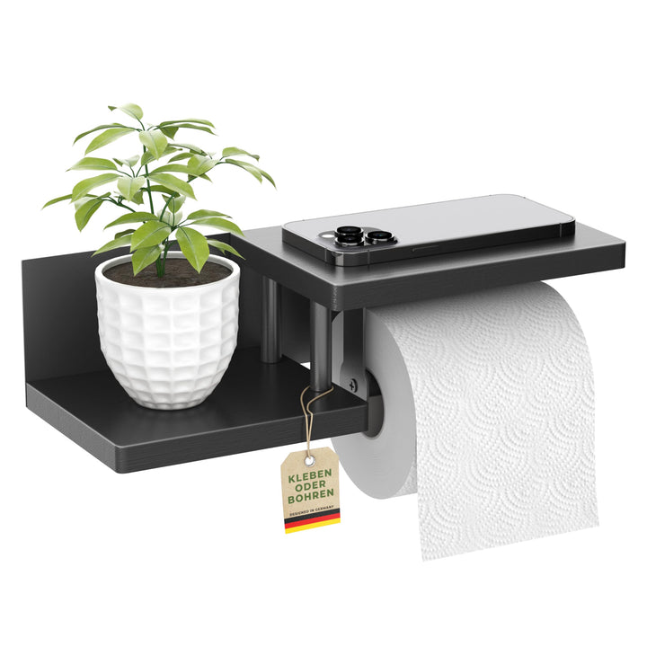 Toilettenpapierhalter Holz Bambus komplett schwarz [KLEBEN oder Bohren] | hochwertiger Klopapierhalt