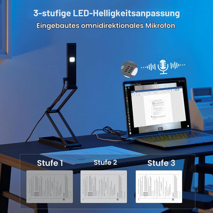 16MP USB Dokumentenkamera Visualizer: A3 Format 3-Stufen-LED OCR Autofokus Faltbar 4K Dokumenten Web
