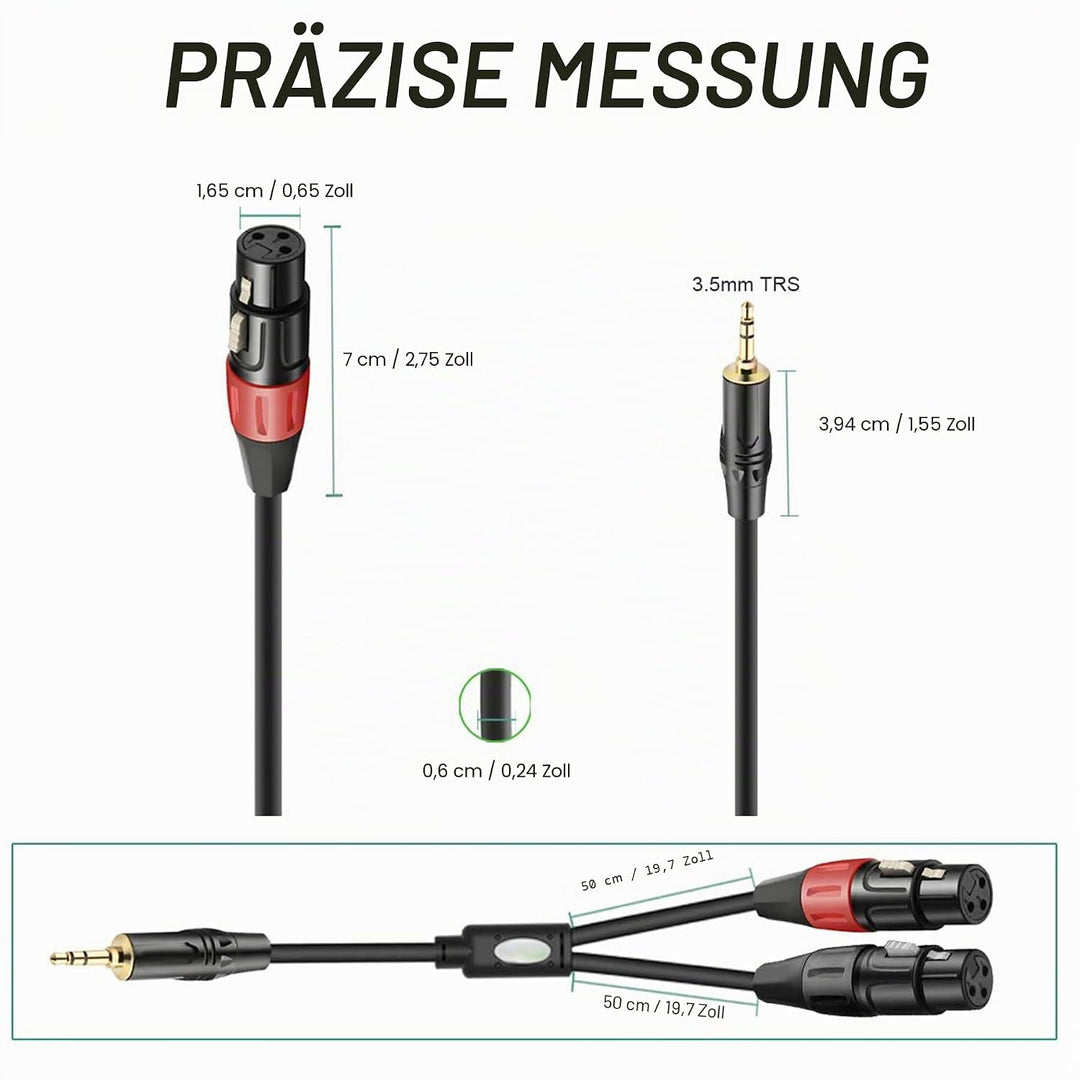 Dual-Buchse XLR auf 3,5 mm Y-Splitter-Kabel, unsymmetrische XLR-Buchse auf 0,3 cm Mini-Klinke, TRS,
