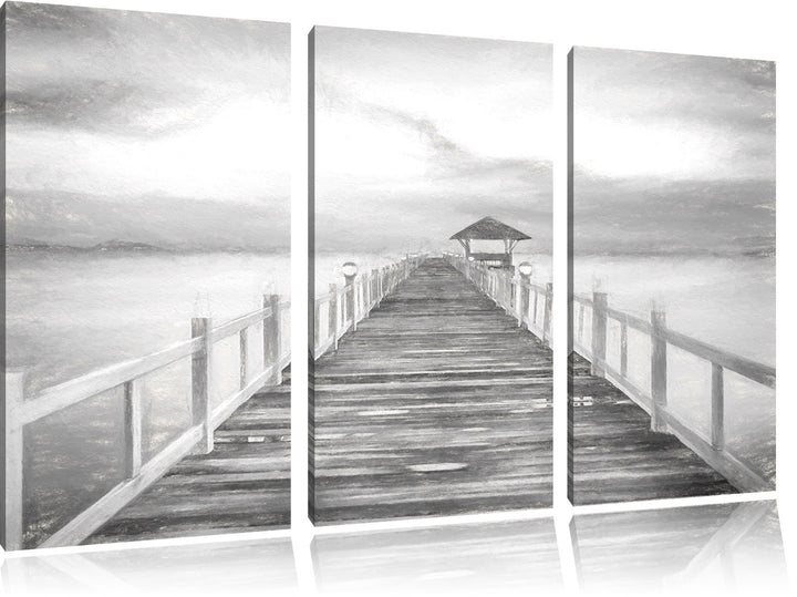 Pixxprint Steg ins Meer bei Sonnenuntergang Kohle Zeichnung Effekt 3-Teiler Leinwandbild 120x80 Bild