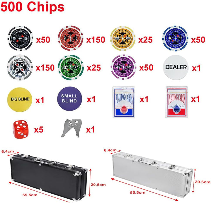 Pokerkoffer Pokerset mit 500 Laser Pokerchips mit Aluminium Gehäuse, 2X Pokerdecks, 5X Würfel, 3X De