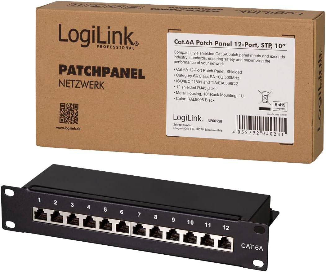 LogiLink Professional Cat.6A (500 MHz) Patchpanel - Verteilerfeld, 10", STP (geschirmt) 12-Port (RJ4