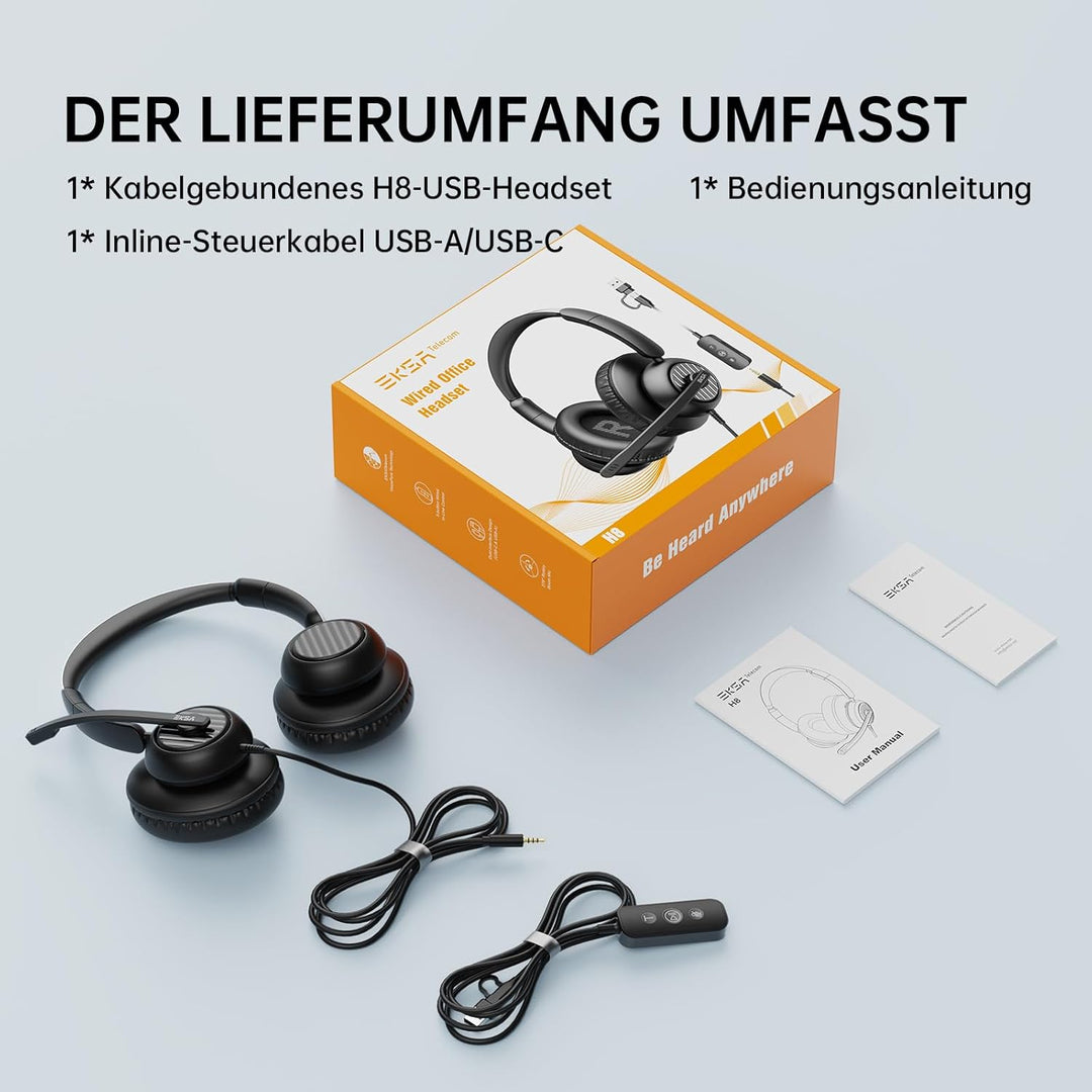 EKSA H8 PC Headset mit Mikrofon, Stereo USB Headset mit Kabel, Headset mit Geräuschunterdrückung, US