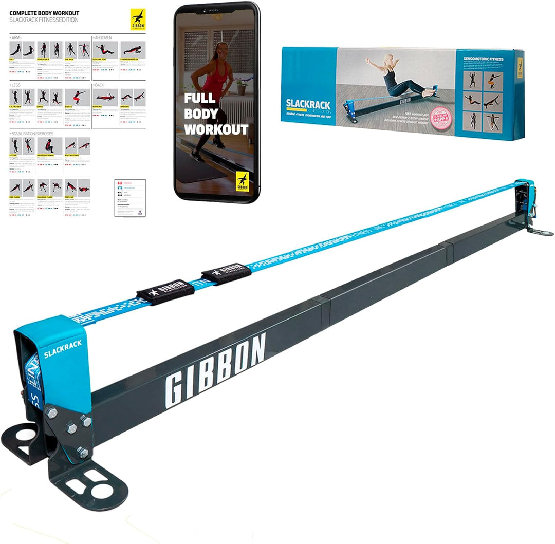 Gibbon Slacklines Slackrack Fitness Edition, grau/blau, Aufbaulängen: 2 oder 3 Meter, mit 2 Handgrif
