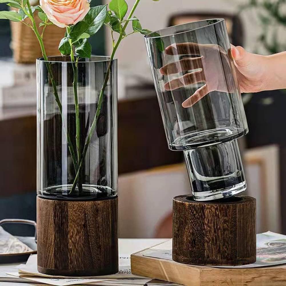 Glas Blumenvase Modern Zylinder Vase Handgefertigte kristallklare Glasvase mit Holzsockel Blumenblum