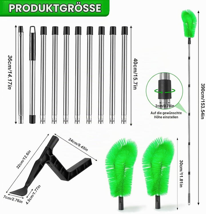 390cm 2in1 Dachrinnenreiniger,Dachrinnenbürste mit 10Pcs Teleskopstiel+2Pcs Reinigungslöffel+Schaufe