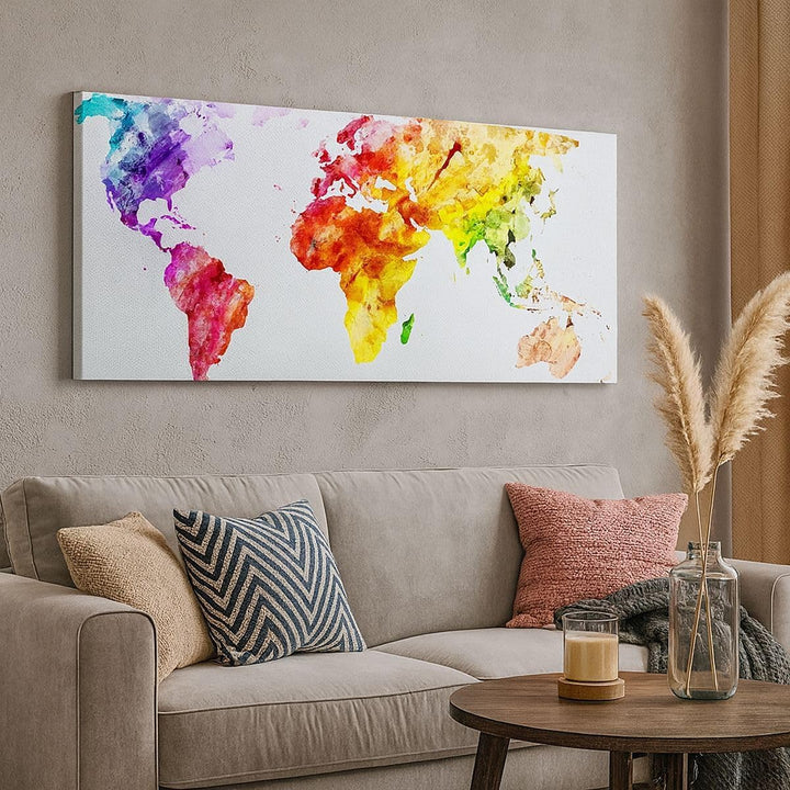 Panorama Bilder auf Leinwand 100x40cm Leinwandbild Welt Karte Bunt Kontinente Gross Wanddeko Bild Sc