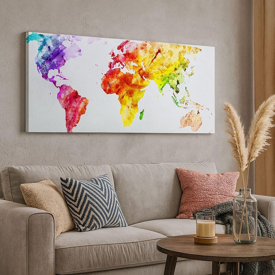 Wandbilder Dekoration Wohnzimmer Welt Karte Bunt Kontinente Panorama Bilder auf Leinwand 120x50cm Le