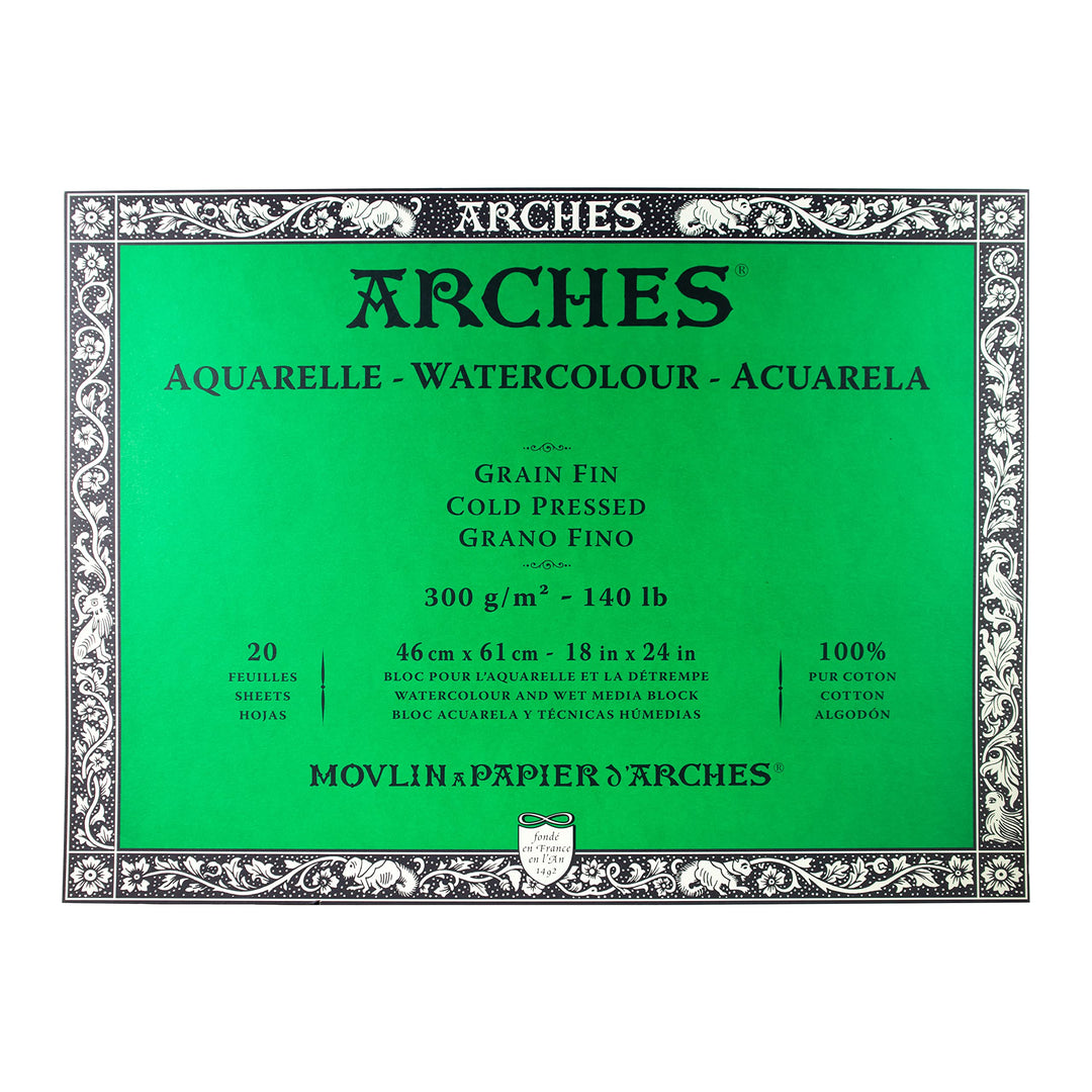 Arches 1795064 Aquarellpapier im Block (46 x 61 cm, 4-seitig geleimt, 300g/m² Feinkorn) 20 Blatt nat