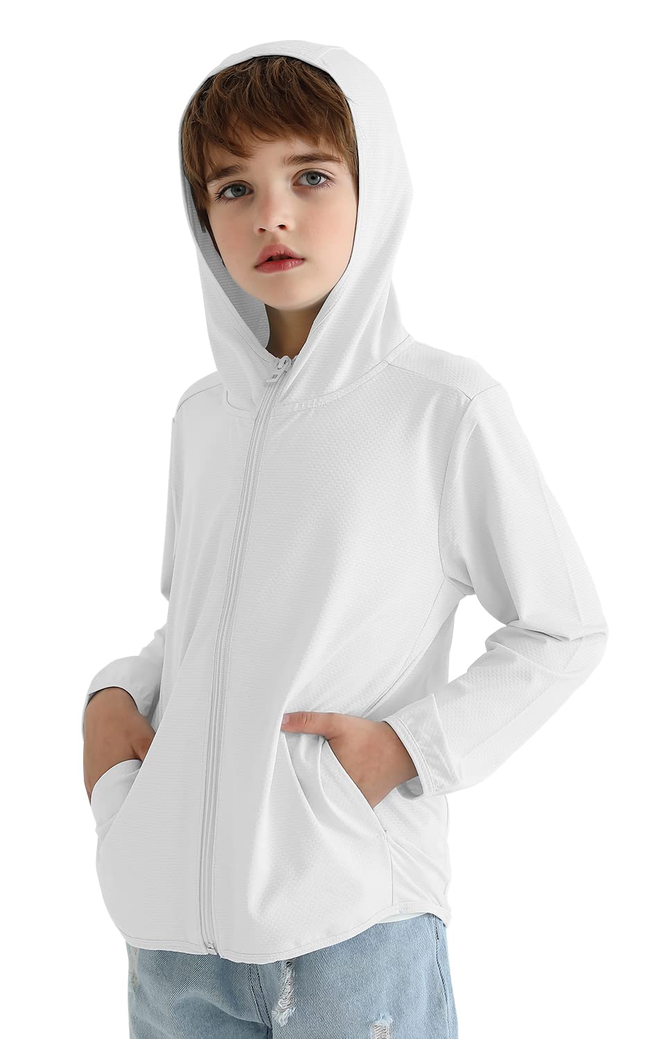 Kinder Athletic Hoodie Dry Fit Sonnenschutz Sweatshirt Daumenlöcher 3–12 Jahre Weiss 3-4 Jahre, Weis