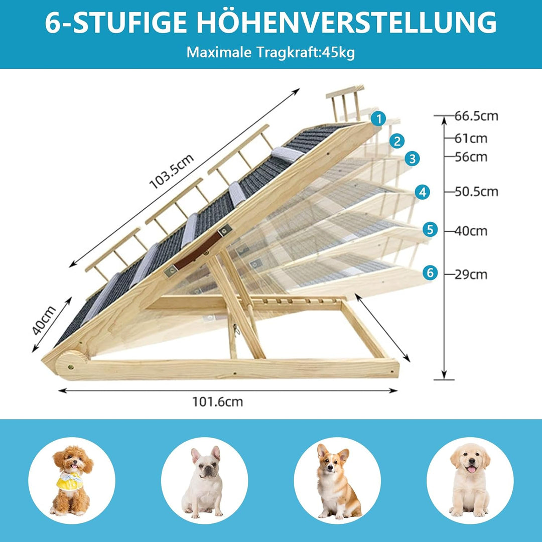 Hunderampe aus Holz, Hundetreppe 6 Stufen Verstellbar 29-66.5cm für Sofa Auto Bett, Treppe für Hunde