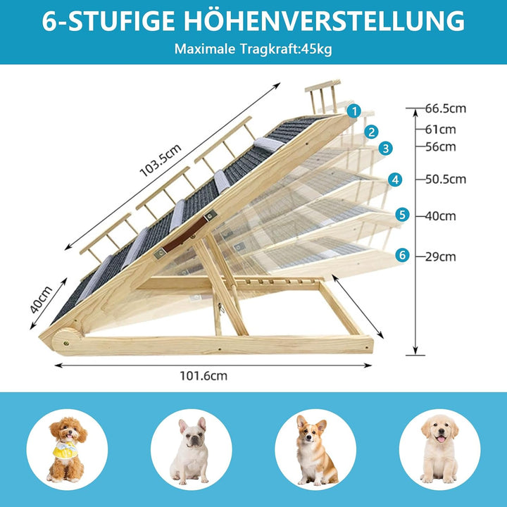 Hunderampe aus Holz, Hundetreppe 6 Stufen Verstellbar 29-66.5cm für Sofa Auto Bett, Treppe für Hunde