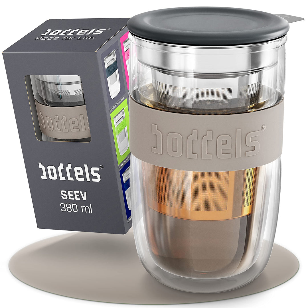 Glasbecher 380ml – Teebecher mit Sieb, Doppelwandig, Teetasse mit Edelstahl-Sieb, Keramik-Deckel, sp