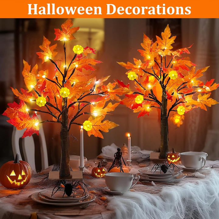 TURNMEON [ 2 Pack &amp; Timer 24 Inch Lighted Maple Tree Fall Decor, Total 48 LED Battery Operated Table