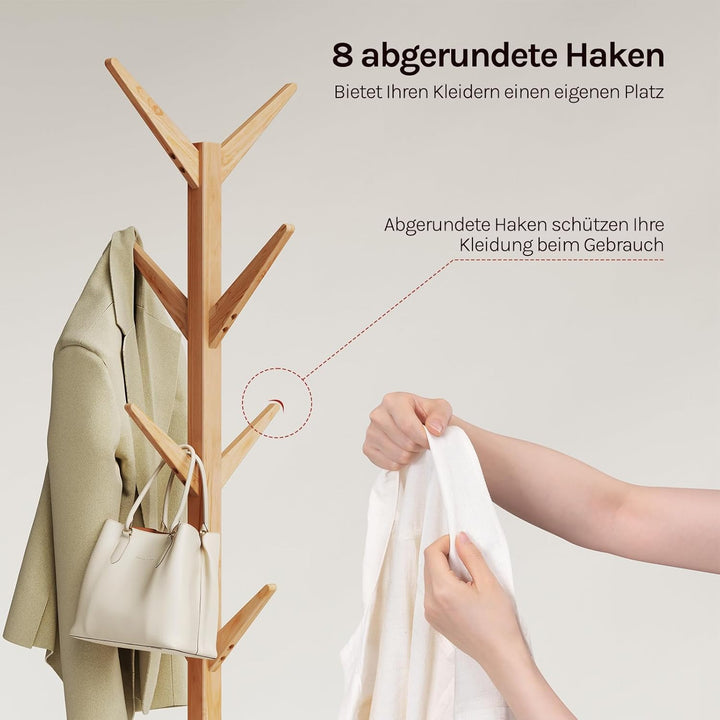 WOLTU Kleiderständer mit 8 Haken, Garderobenständer aus Massive Holz, Baumförmige Garderobe, Hängere