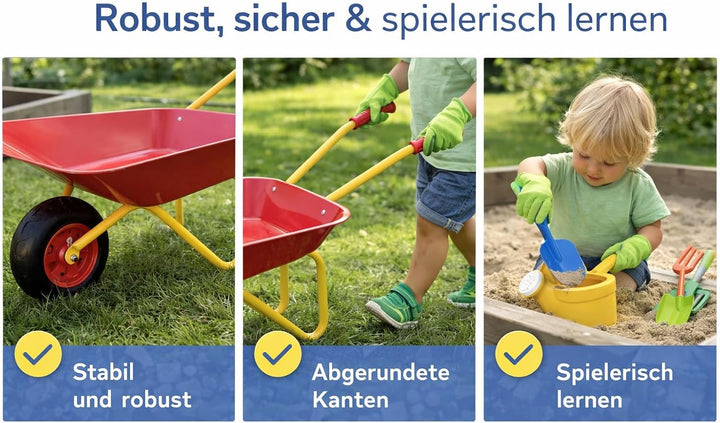 Kinder Schubkarren Set 7-Teile Metall &amp; Holz Gartenspielzeug mit Schubkarre, Schaufel, Harke, Forke,