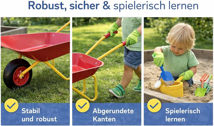 Kinder Schubkarren Set 7-Teile Metall & Holz Gartenspielzeug mit Schubkarre, Schaufel, Harke, Forke,