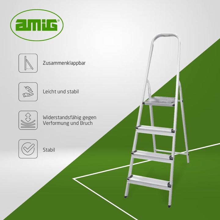 Amig - Klappbare Leiter mit 4 Stufen - Hergestellt aus Aluminium - Masse der kleinen Stufen: 28 cm x