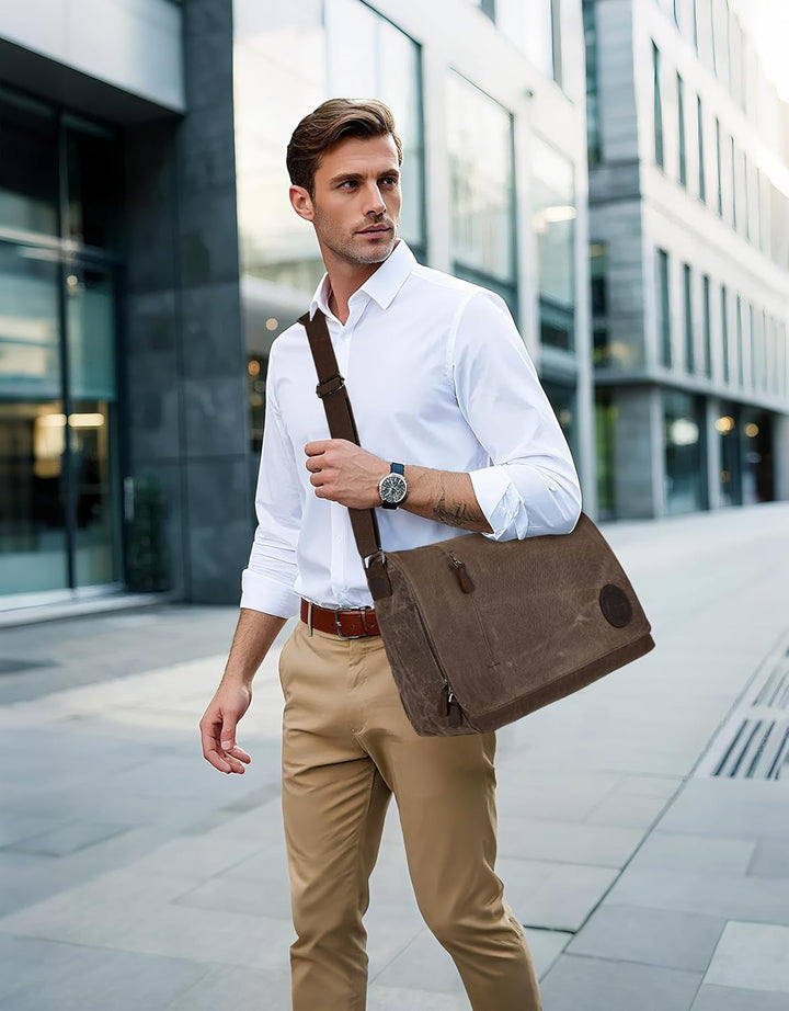 Leathario Umhängetasche Herren 14 Zoll, Messenger Bag aus Echtleder und Geöltem Segeltuch, Arbeitsta