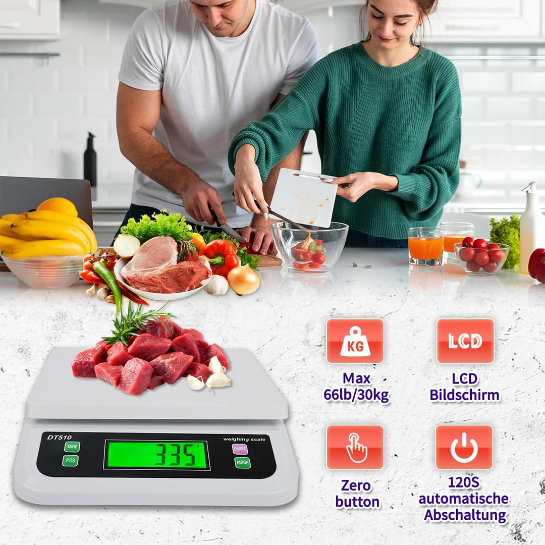 Waage Küchenwaage 30kg/66lb Küchenwaage digital mit 6 Arten Einheiten grossem LCD-Display Digitalwaa