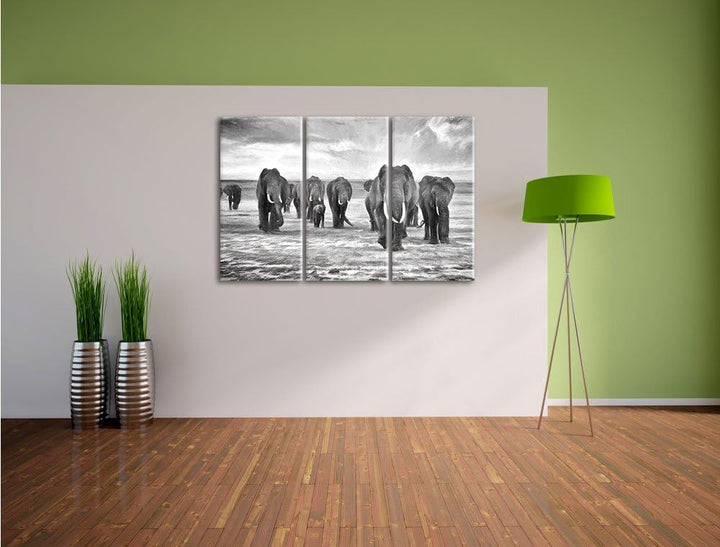 Pixxprint Elefanten Familie in der Savanne Kunst Kohle Effekt 3-Teiler Leinwandbild 120x80 Bild auf