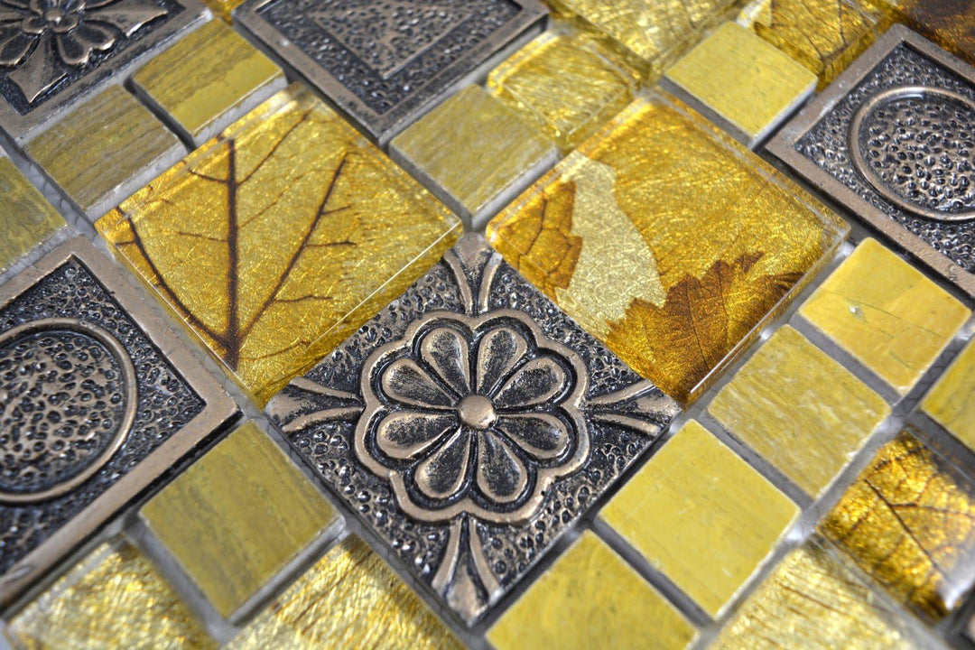 Mosaik Fliese gold Glasmosaik Crystal gold Ornament für WAND BAD KÜCHE FLIESENSPIEGEL THEKENVERKLEID