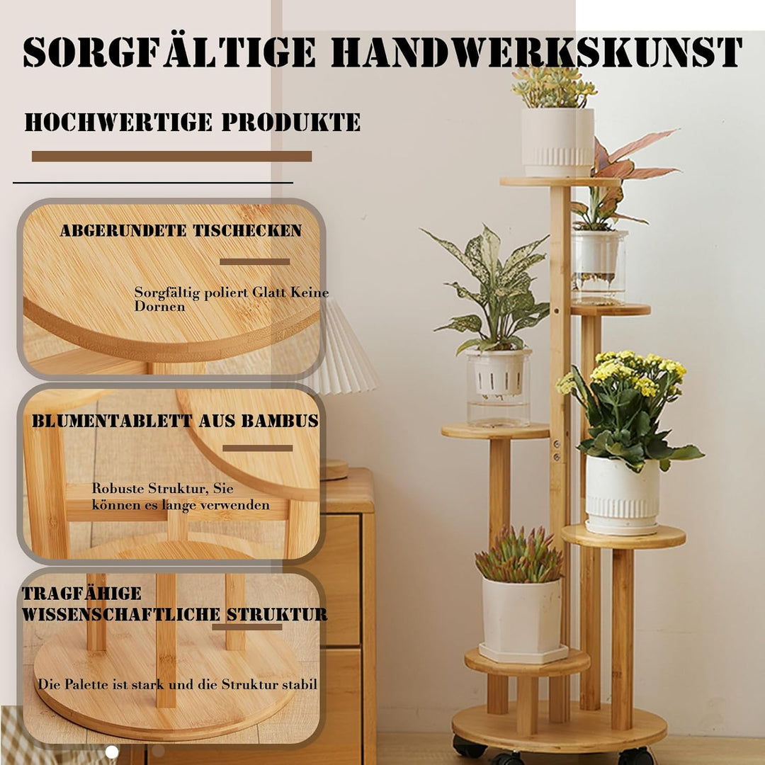 KEBMCHN Blumenständer Bambus mit Rollen, 5 Etagen Pflanzenständer Blumenregal Balkon,Chassis Ø31.5*O