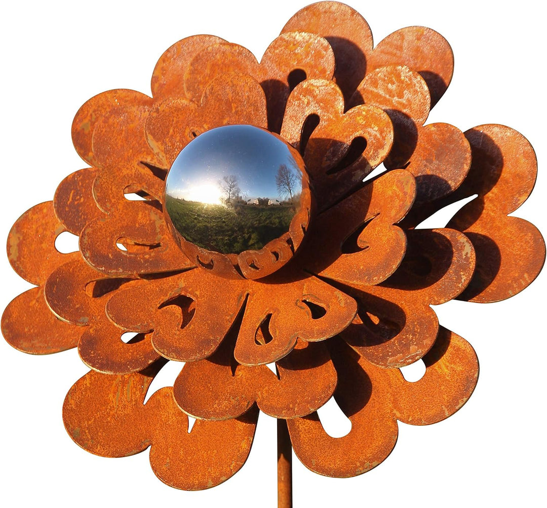 Bornhöft Gartenstecker Metall Rost Gartendeko rostige Dekoration Edelrost mit Edelstahlkugel(Blume S