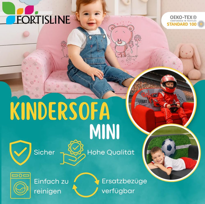 FORTISLINE Kindersofa Mini zum Aufklappen Viele Muster W386 (Rosa Punkte Weiss), Rosa Punkte Weiss