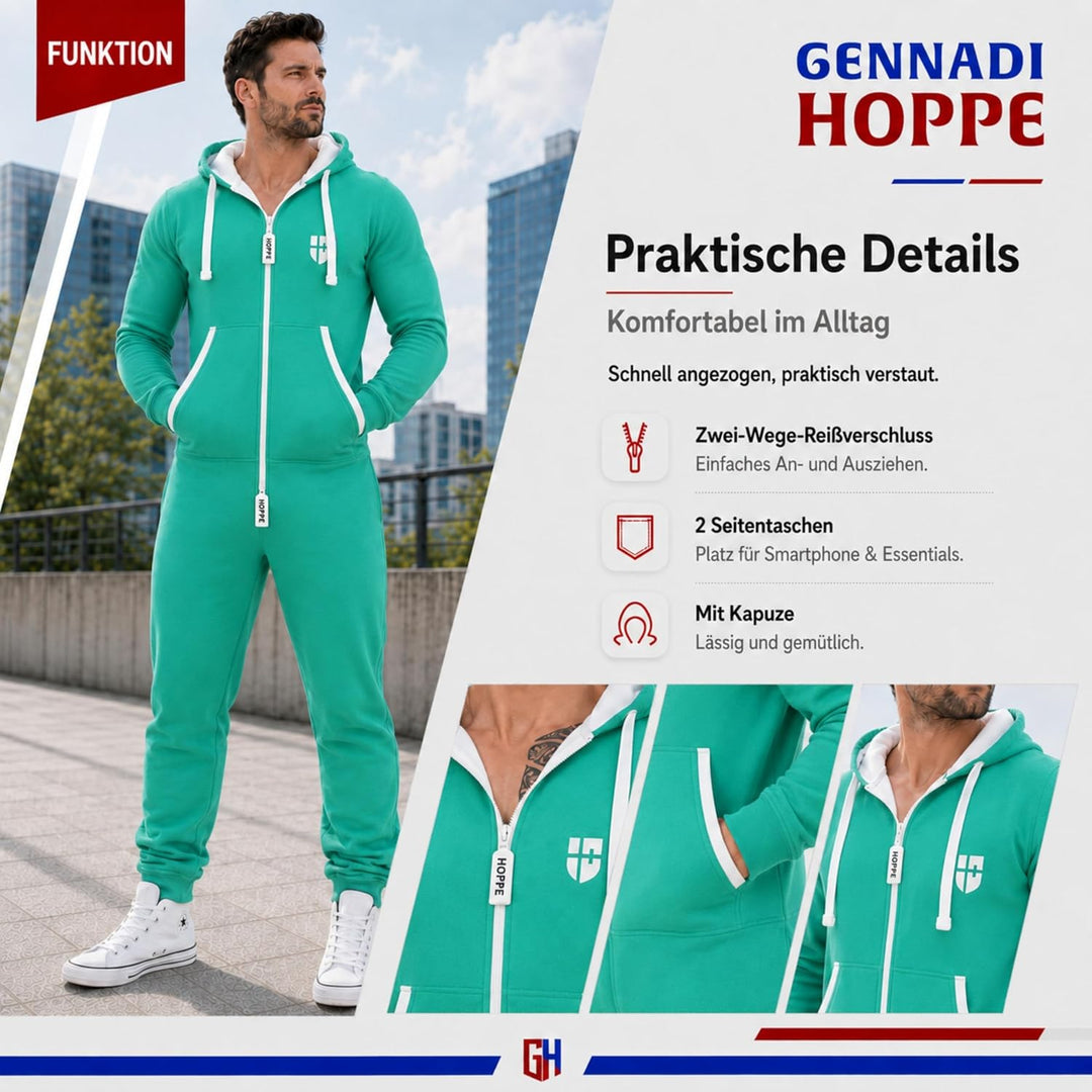 Gennadi Hoppe Herren Jumpsuit Onesie Jogger Einteiler Overall Slim Fit S Grün (Green), S Grün (Green