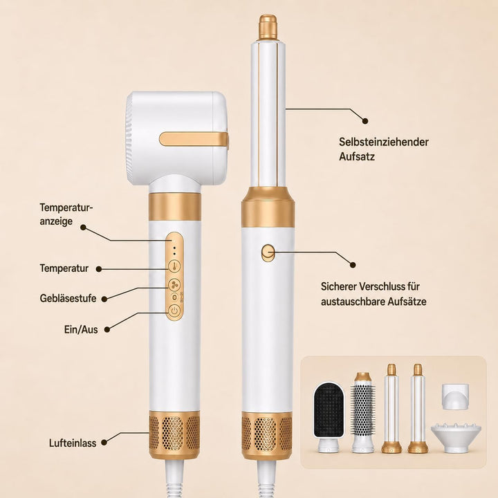 Airstyler 7-in-1 Lockenstab, Golden Goods Hairstyler Set mit Warmluftbürste, Glättbürste, Haartrockn