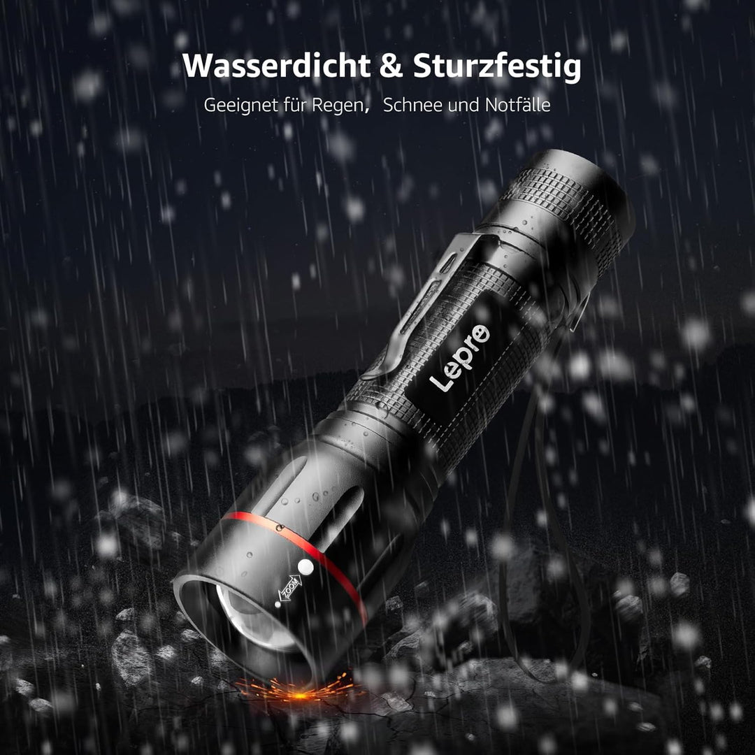 Lepro LED Taschenlampe, LE2050 Extrem Hell, mit Clip, Zoombare Handlampe mit 5 Modi, Wasserdichte Fl